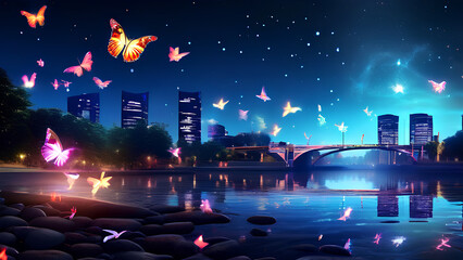 Colorful glowing butterflies in the sky in the night time on the bank of a river
