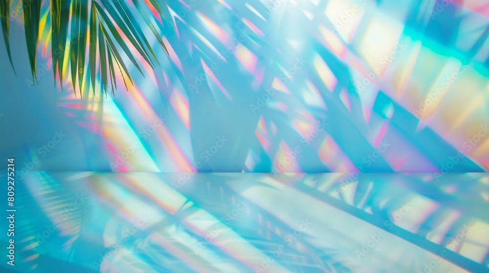 Poster iridescent palm leaf with vivid spectrum of colors casting intricate shadows on colorful wall. conce