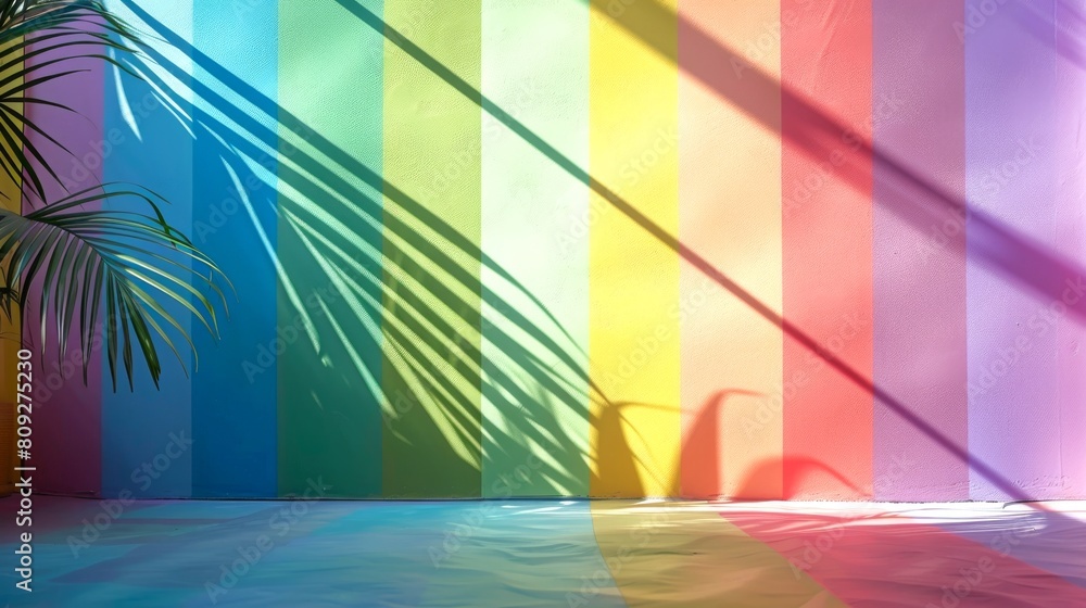 Poster iridescent palm leaf with vivid spectrum of colors casting intricate shadows on colorful wall. conce
