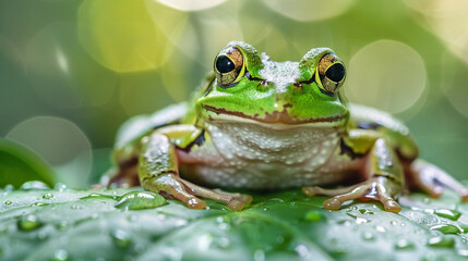 Fototapeta premium Close-up View of a Green Frog Perched on a Dew-Covered Leaf in a Lush Forest