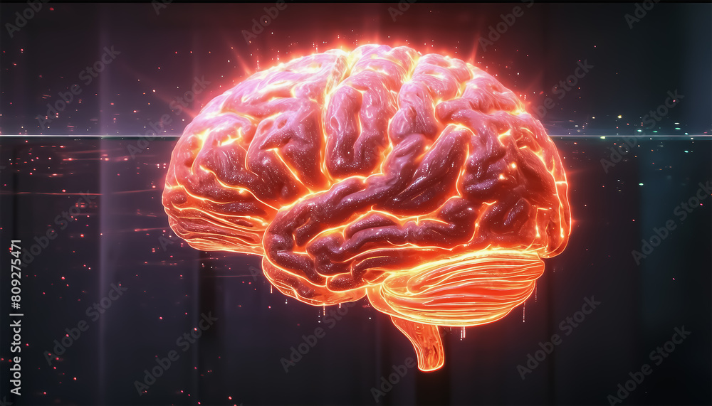 Poster glowing brain. artificial intelligence. concept for studying neurons