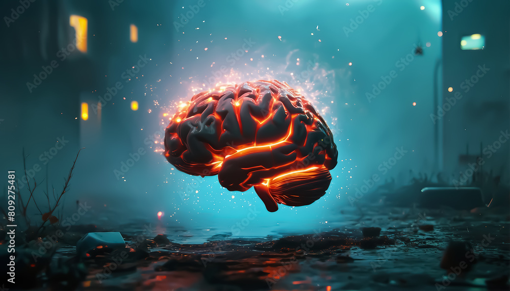 Poster glowing brain. artificial intelligence. concept for studying neural connections