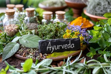 Vibrant display of Ayurvedic herbs and spices arranged around a 'Ayurveda' chalkboard sign. Holistic healing and natural wellness concept with a variety of medicinal plants. Generative AI