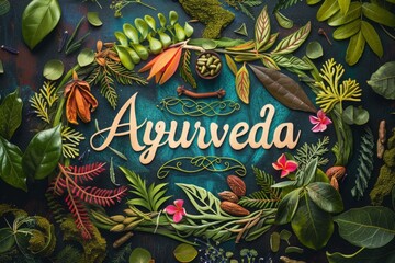 Vibrant Ayurveda display featuring a rich assortment of herbs, spices, and floral elements with decorative wooden typography. Generative AI