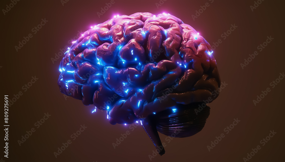 Poster luminous brain. artificial intelligence. neuronal connections