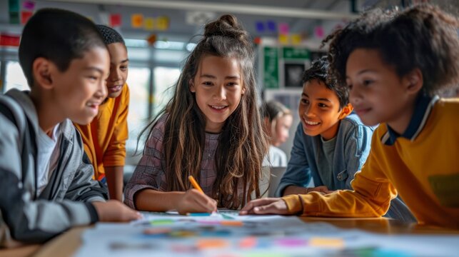 A group of diverse elementary school students working together on a project in the classroom.