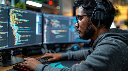 A young programmer is working on a code in a dimly lit room. He is wearing headphones and there are two computer monitors in front of him.