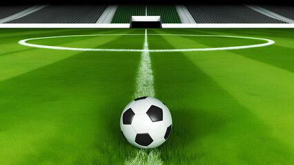 Obraz premium Soccer ball on an empty green soccer field close up