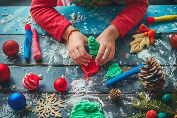 Child crafting with colorful play dough on a festive holiday-themed table. Creative play and Christmas decoration concept. Generative AI