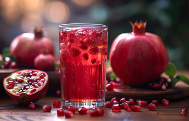 Pomegranate juice or cocktail with fresh pomegranate fruits on wooden table