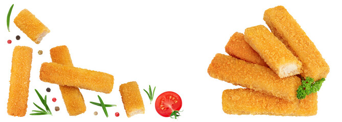 Fish finger or stick with parsley isolated on white background. Top view. Flat lay.