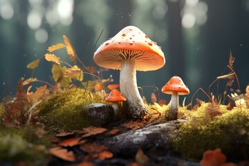 Fototapeta premium Trio of vibrant mushrooms bask in the soft glow of a forest morning