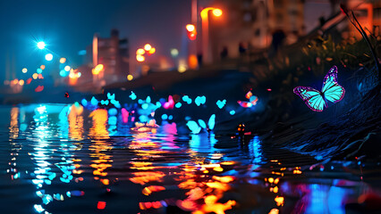 Colorful glowing butterflies in the sky in the night time on the bank of a river