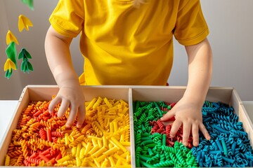 Child playing with colorful pasta in sensory bins for tactile learning and development. Generative AI