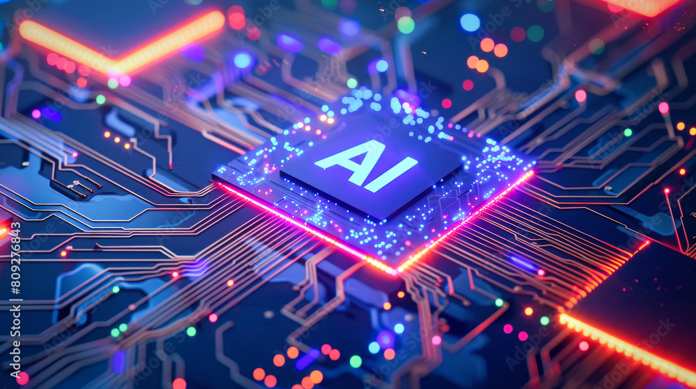 Poster abstract futuristic ai chip on a circuit board background, high tech and artificial intelligence con
