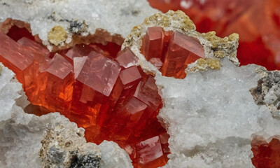 The Realgar crystals are vibrant, exhibiting a deep red-orange hue, and are sharply formed, creating a striking contrast against the white, granular texture of the Calcite matrix.