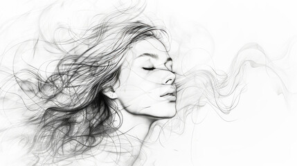 Fototapeta premium An elegant monochrome pencil drawing of a beautiful young woman