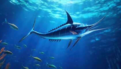 Naklejka premium Giant Marlin fish in the ocean, beautiful view of marlin fish in the blue ocean