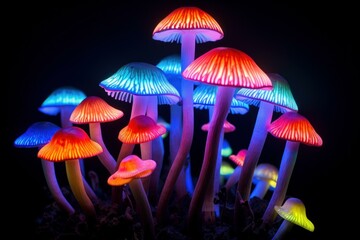 Fototapeta premium Dazzling Mushroom neon fluorescent. Magic plant. Generate Ai