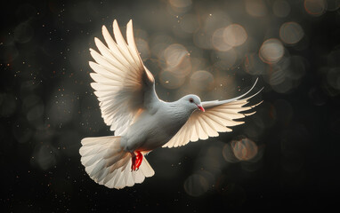 Free flying white dove. A white dove flying in the air against a pure black background