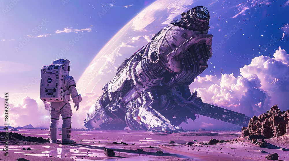 Poster an astronaut on an alien planet standing near a high tech intricate ancient alien structure or stars