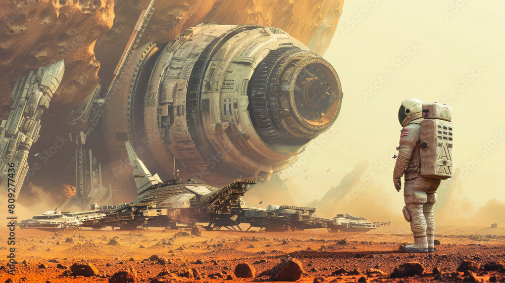 Poster an astronaut on an alien planet standing near a high tech intricate ancient alien structure or stars