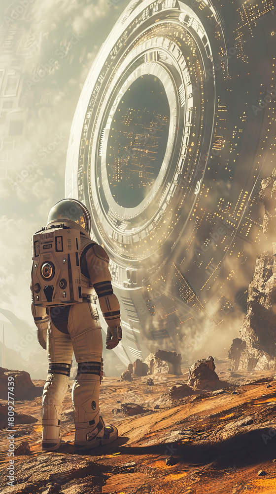 Poster an astronaut on an alien planet standing near a high tech intricate ancient alien structure or stars