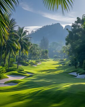View of a golf course in Thailand with lush green grass, beautiful scenery with sand pits bunker beside the greens and golf holes. blue sky sunny day.