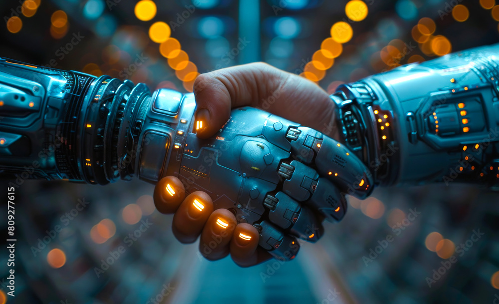 Poster hand of businessman shaking hands with android robot.