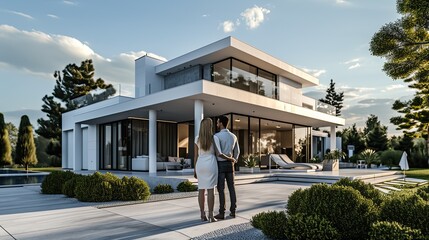 Couple in front of their new luxury home on a sunny day.