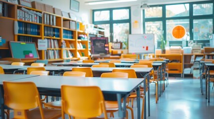 A classroom with numerous desks and yellow chairs neatly arranged, creating a structured learning environment.