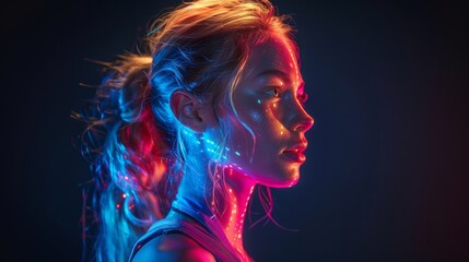 A profile view of a womans face illuminated by vibrant neon lights, casting a colorful glow on her features.