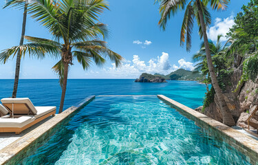 Infinity pool on the beach with coconut palm trees and beautiful seaview © Анна Терелюк