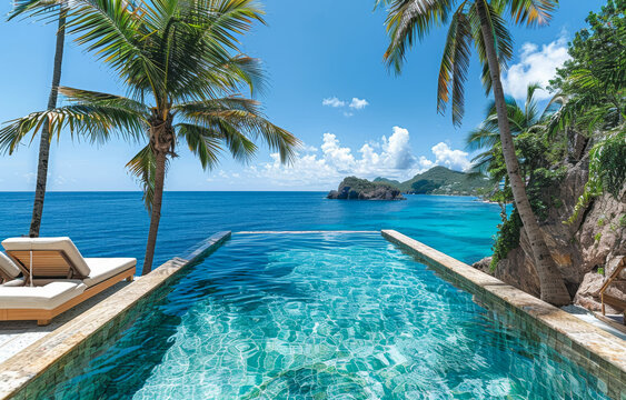 Infinity pool on the beach with coconut palm trees and beautiful seaview