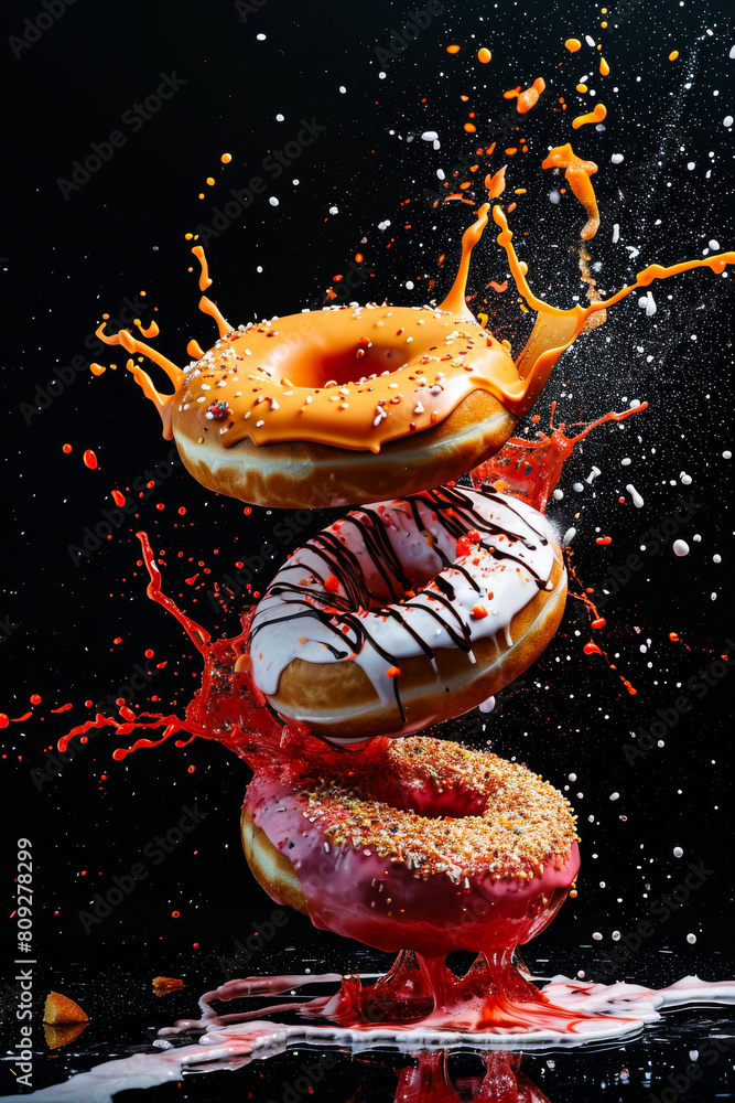 Poster donuts falling and splashing on black background. exploding doughnuts