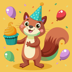 Squirrel holding party hat and cupcake