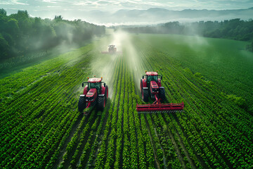 Two tractors spraying field. A drone photo of two tractors working in the field