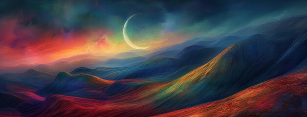 Colorful landscape with crescent moon at twilight