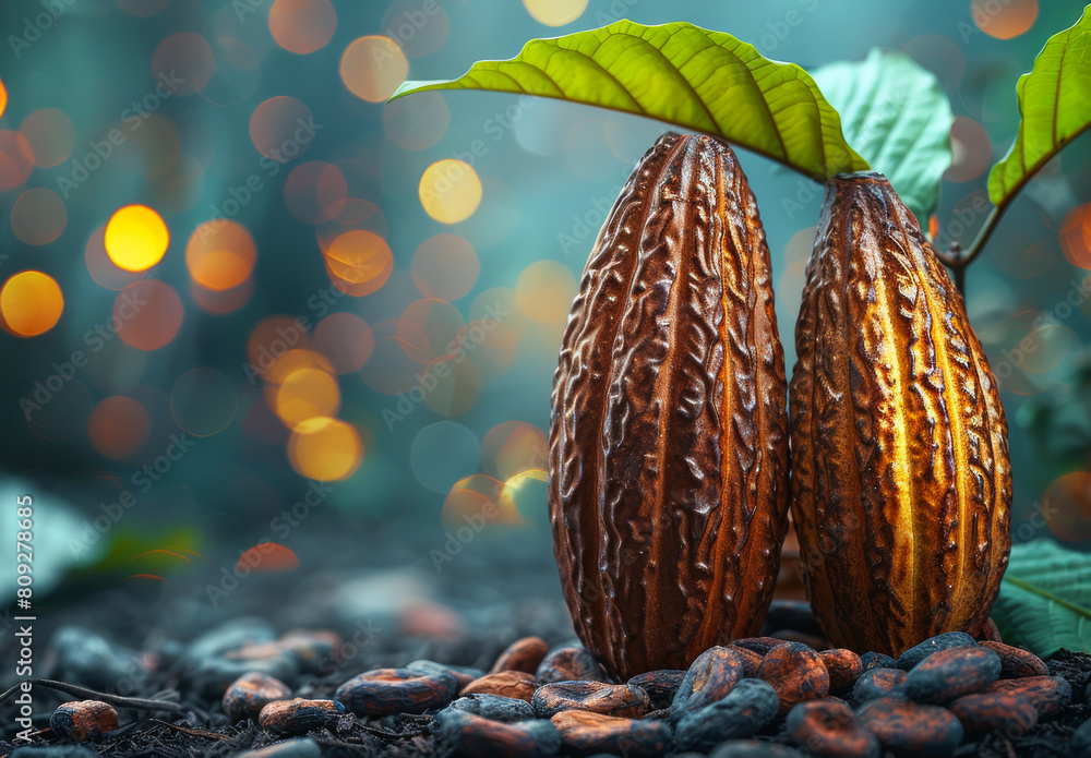 Poster cocoa pod and cocoa beans on brown background