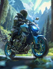 Motorcyclist rides blue motorcycle on mountain road in the evening.