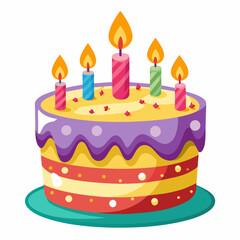 Birthday cake with lit candles on a white background.