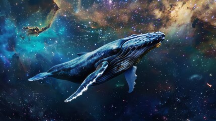 Fototapeta premium Humpback Whale Painting Space Swimming. Majestic contrasts against dark backdrop stars galaxies.