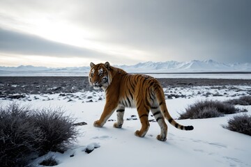 Tiger alone lost in a the snow, artic landscape, climate change, winter scene