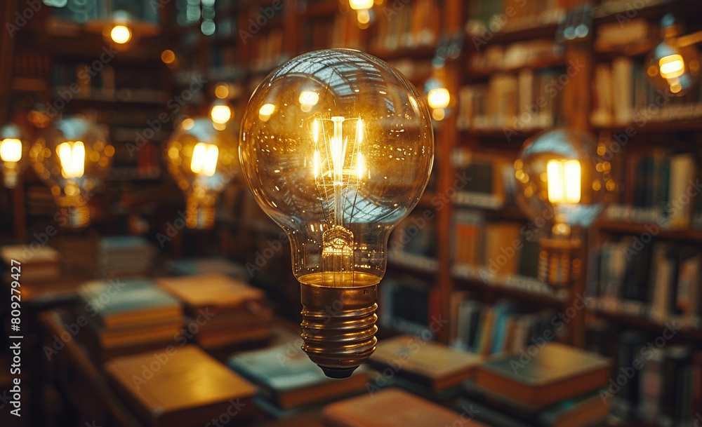 Poster lightbulb is hanging from the ceiling in library. light bulbs and books in library