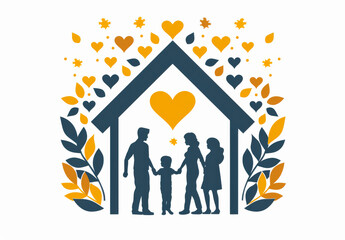 Happy family staying together in new house parenthood or love concept. Logo of a family