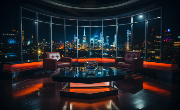 Fototapeta Lobby area of hotel which can see New York cityscape at night