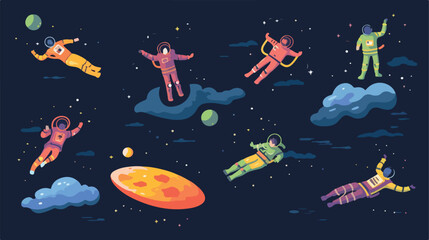 Set of people flying in space vector flat illustrat