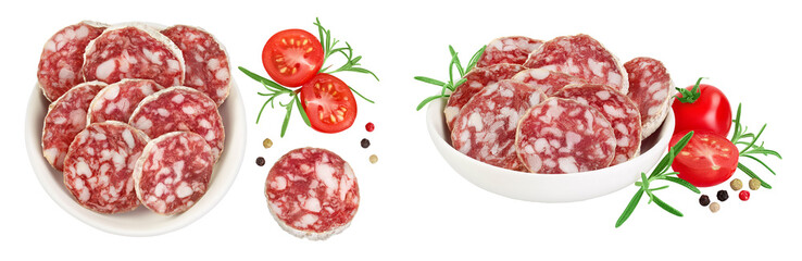 Cured salami sausage in ceramic bowl isolated on white background. Italian cuisine with full depth...