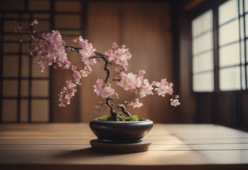 Japanese Ikebana, flower arrangement, windowsill, spring, pink flowers, small flowers, moss bonsai