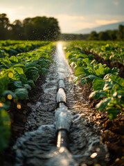 Obraz premium Irrigation system watering farm field of lettuce